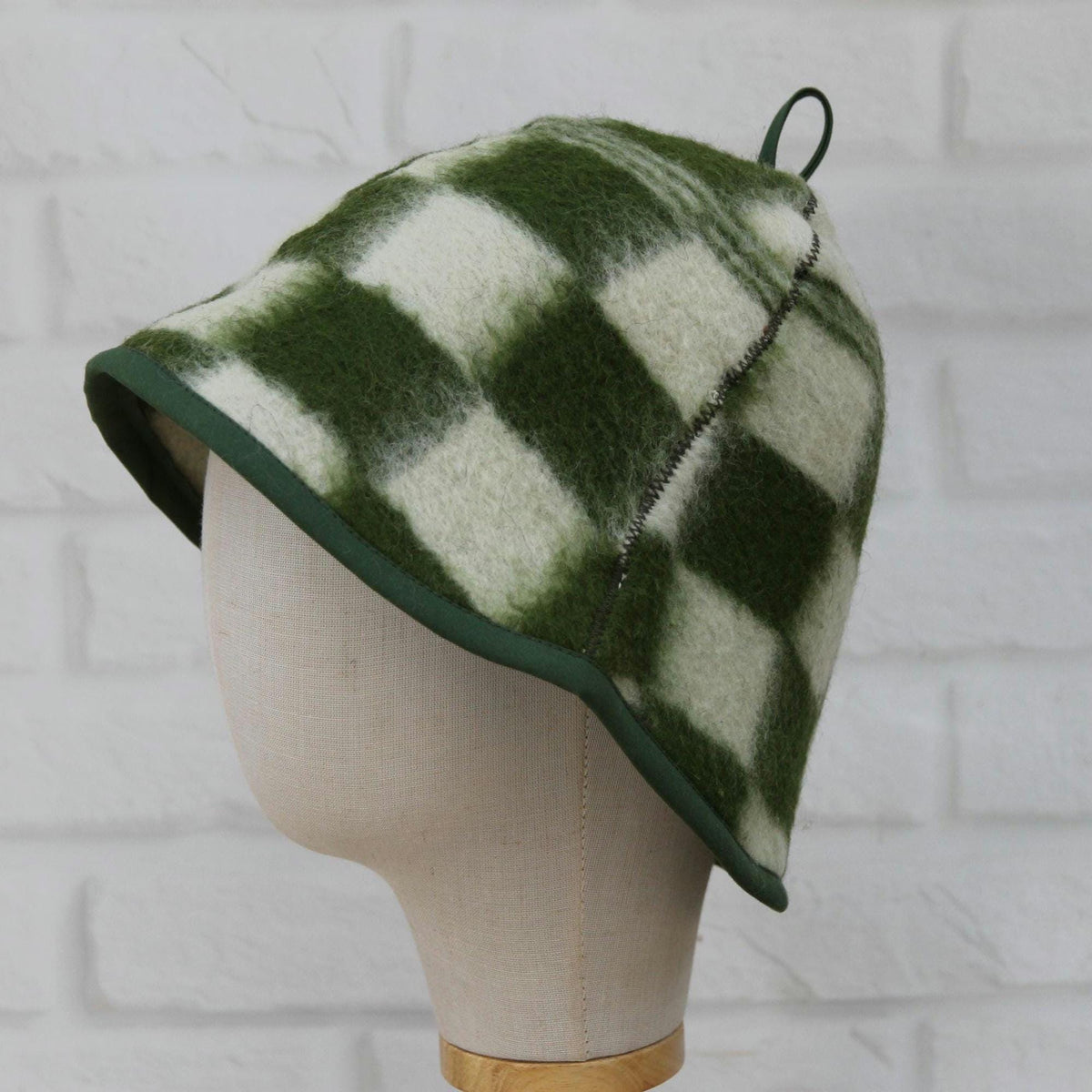 Upcycled Wool Plaid Sauna Hat, Green Checkered Banya Cap, Heat Protection Spa Accessory