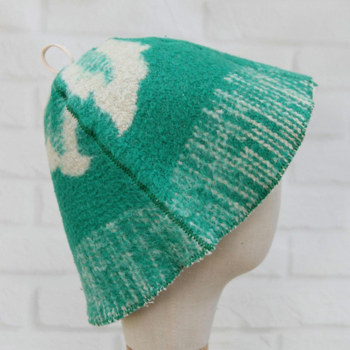 Upcycled Wool Blanket Sauna Hat, Green Cream Banya Cap, Eco-Friendly Spa Headwear