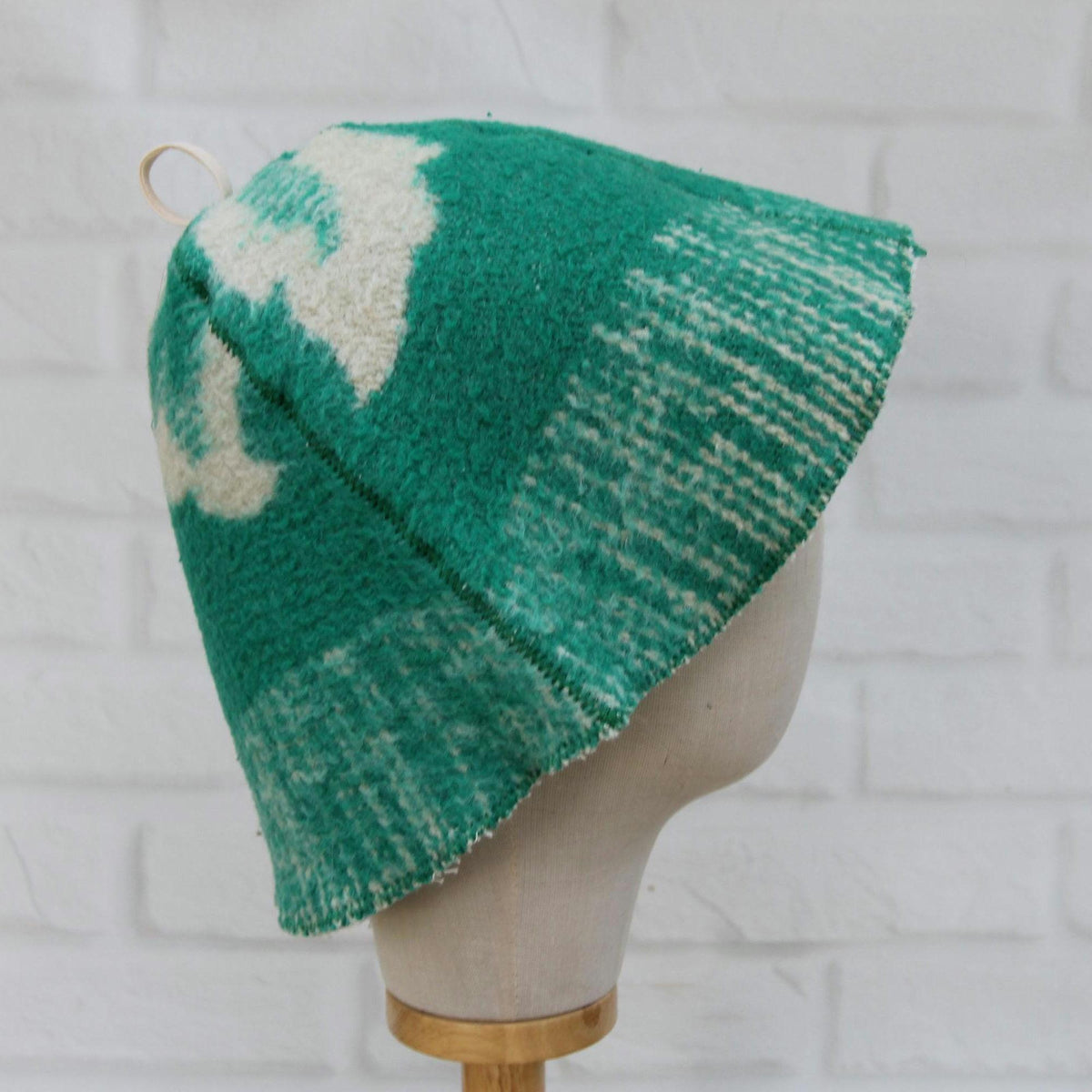 Upcycled Wool Blanket Sauna Hat, Green Cream Banya Cap, Eco-Friendly Spa Headwear