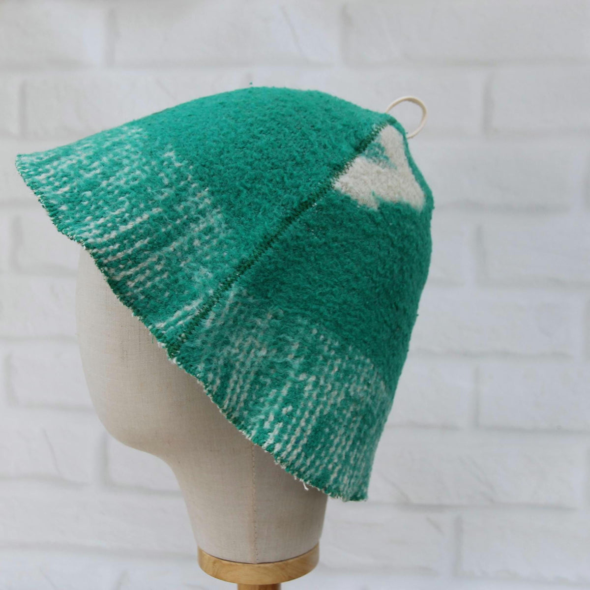 Upcycled Wool Blanket Sauna Hat, Green Cream Banya Cap, Eco-Friendly Spa Headwear