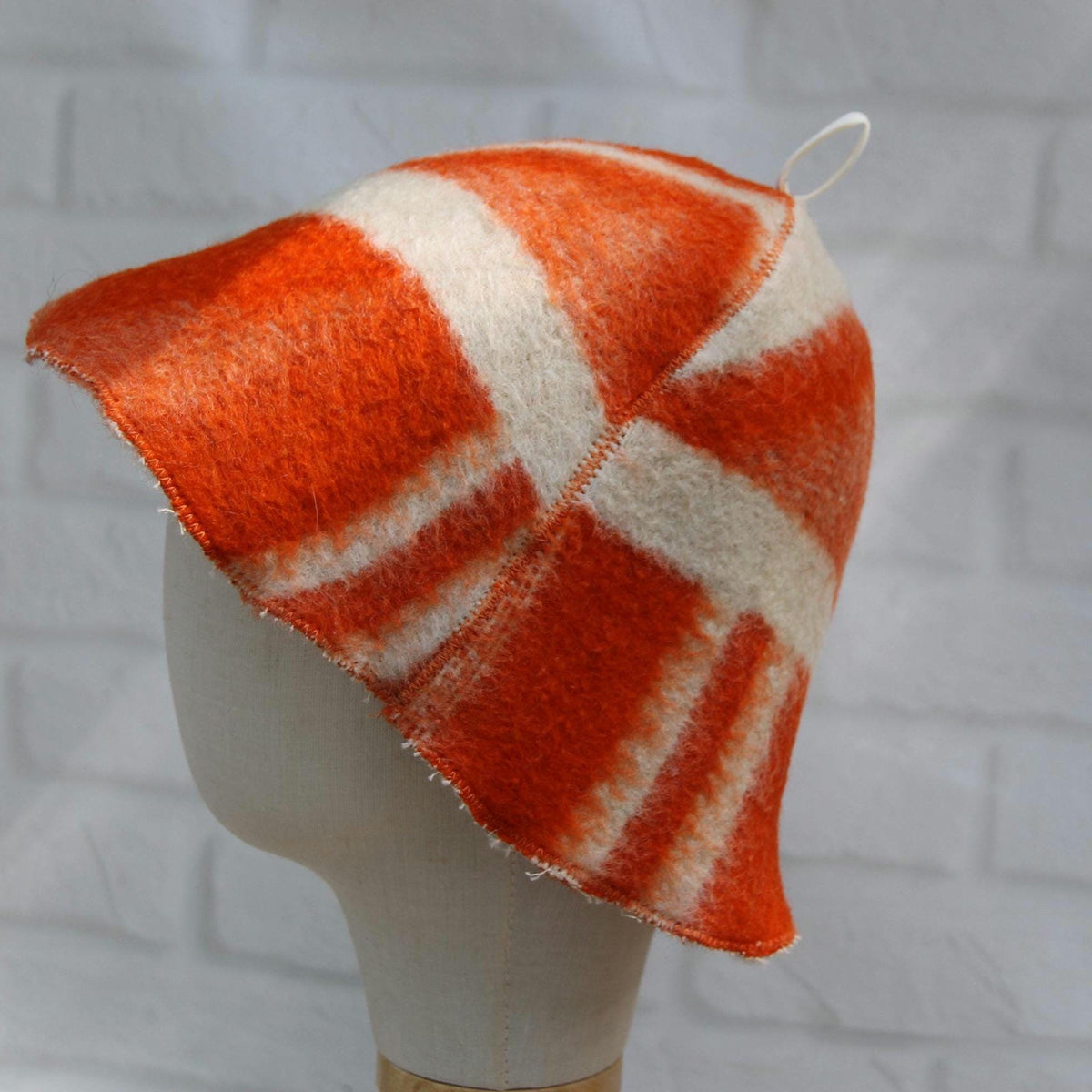 Reversible Vintage Wool Sauna Hat, Handmade Bucket Hat, Upcycled Blanket Hat, red Checkered Hat.