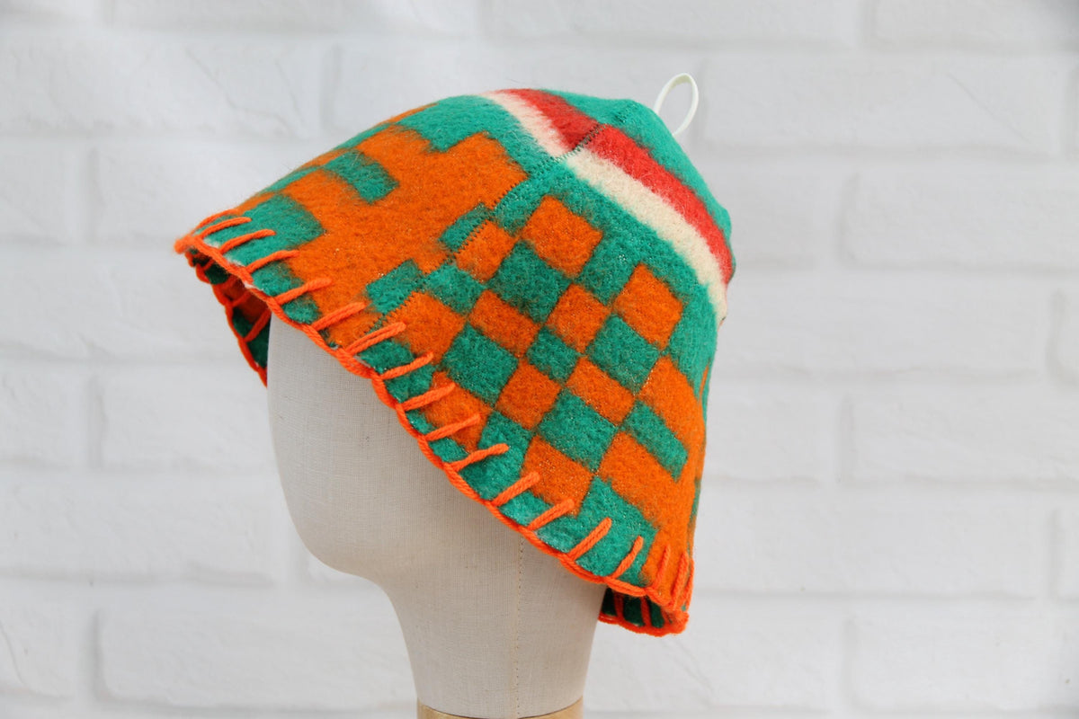 Upcycled Wool Sauna Hat, Geometric Banya Cap, Green Orange Steam Headwear