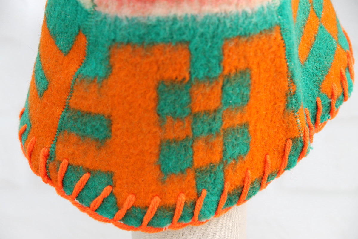 Upcycled Wool Sauna Hat, Geometric Banya Cap, Green Orange Steam Headwear