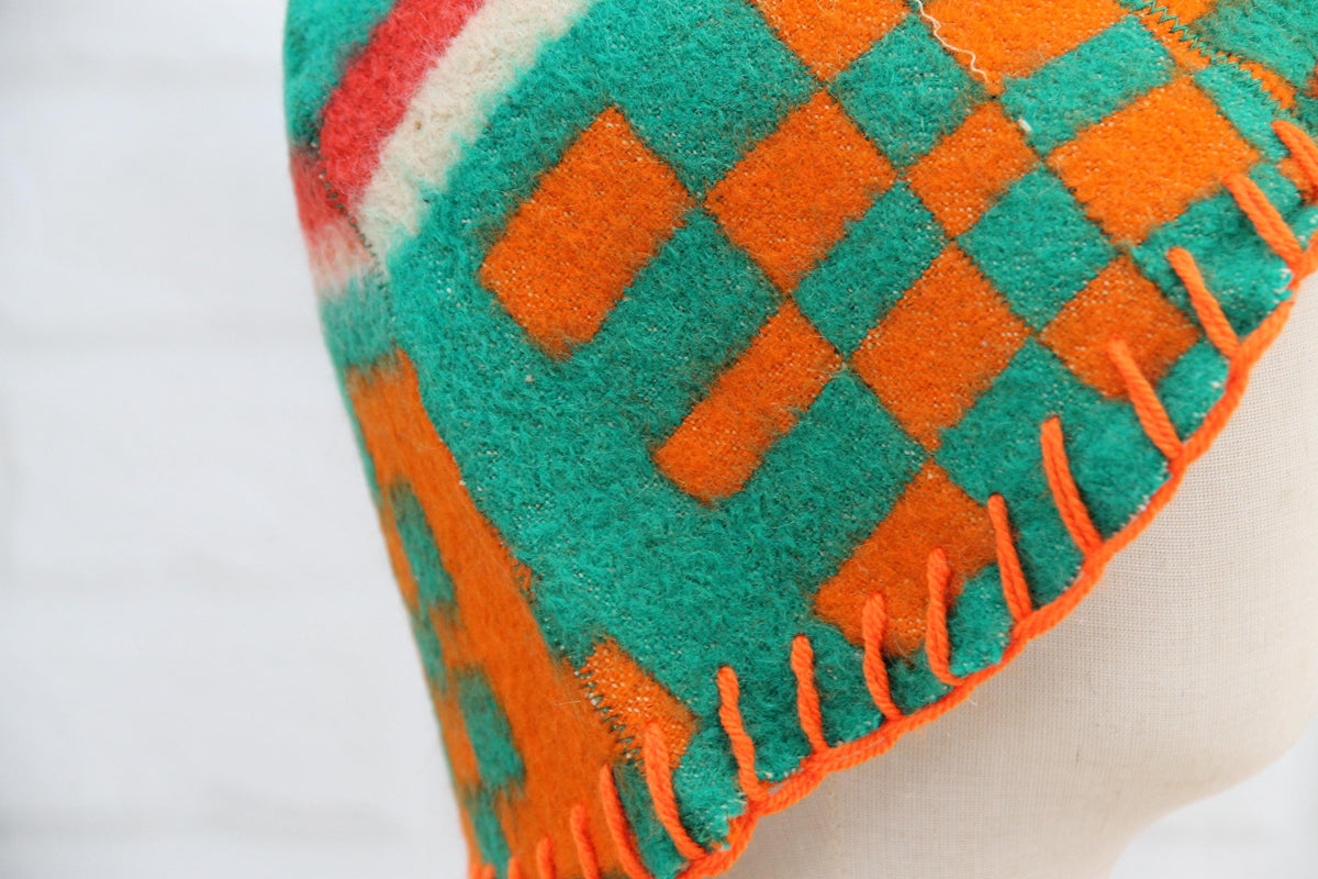 Upcycled Wool Sauna Hat, Geometric Banya Cap, Green Orange Steam Headwear