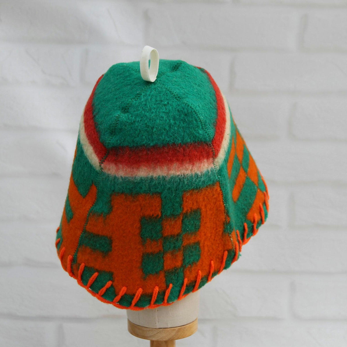 Upcycled Wool Sauna Hat, Geometric Banya Cap, Green Orange Steam Headwear