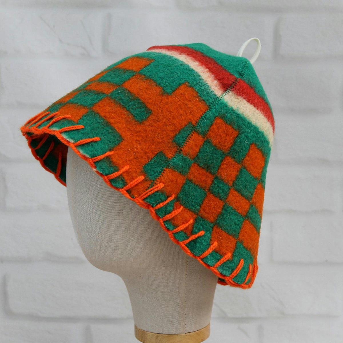 Upcycled Wool Sauna Hat, Geometric Banya Cap, Green Orange Steam Headwear