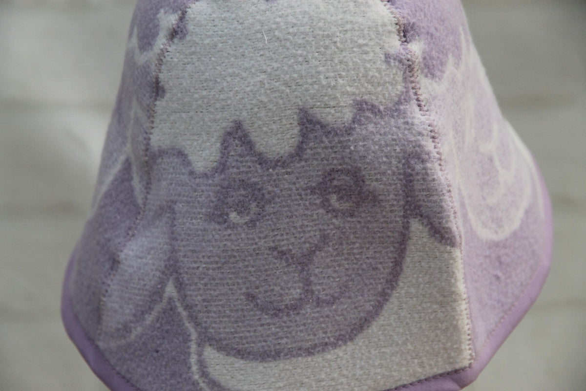 Lavender Sheep Print Wool Sauna Hat, Felted Banya Cap, Upcycled Blanket Protection