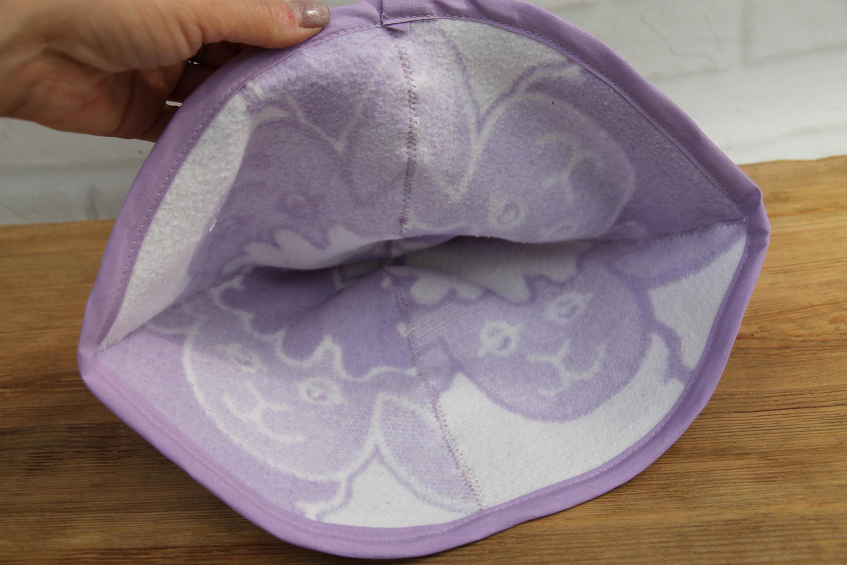 Lavender Sheep Print Wool Sauna Hat, Felted Banya Cap, Upcycled Blanket Protection