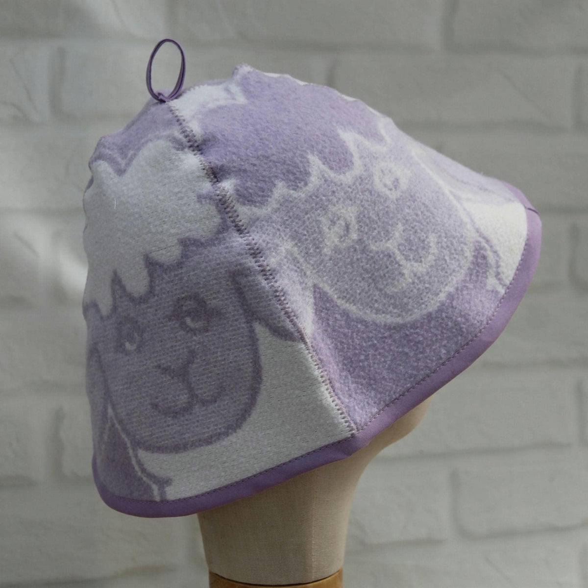 Lavender Sheep Print Wool Sauna Hat, Felted Banya Cap, Upcycled Blanket Protection