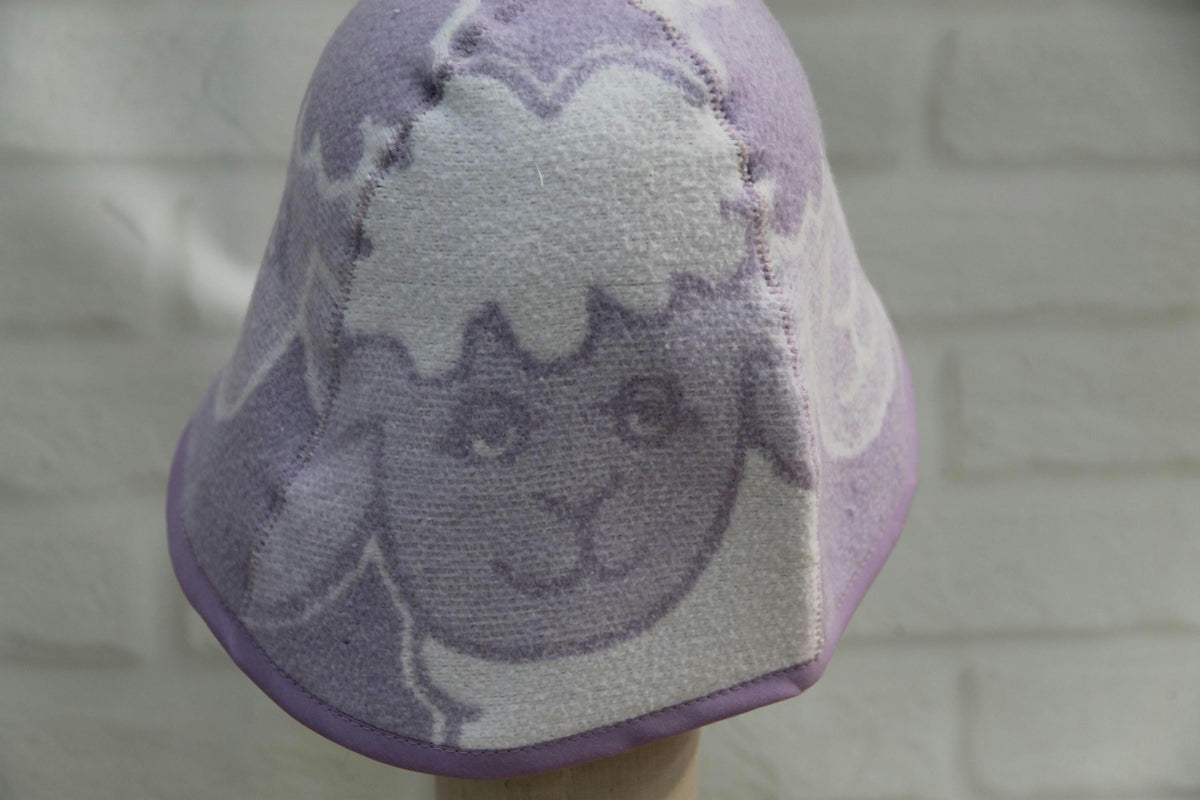 Lavender Sheep Print Wool Sauna Hat, Felted Banya Cap, Upcycled Blanket Protection