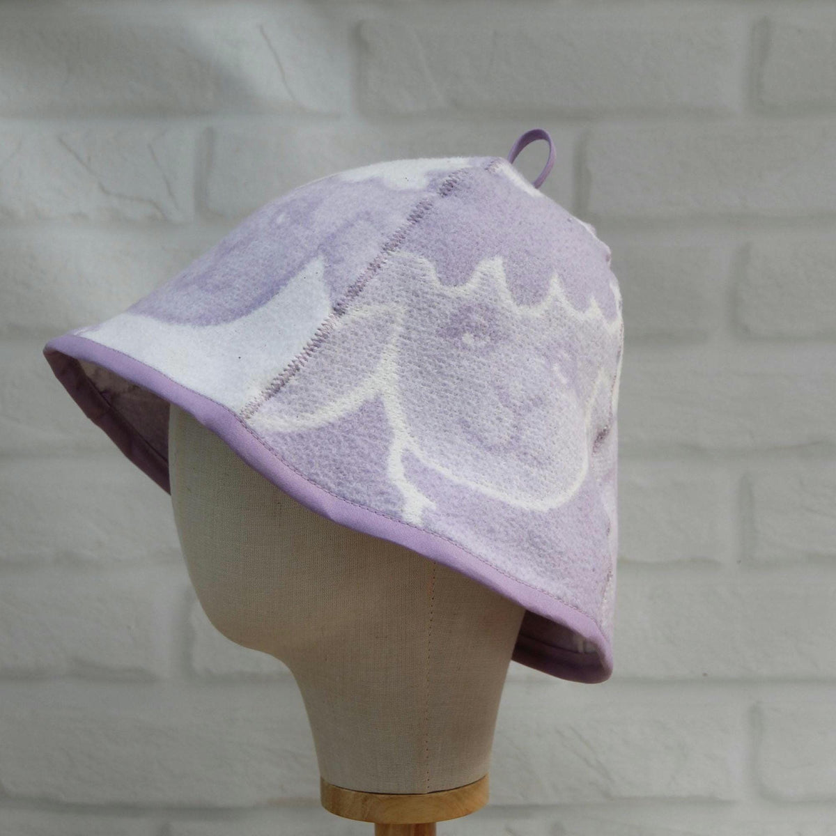 Lavender Sheep Print Wool Sauna Hat, Felted Banya Cap, Upcycled Blanket Protection