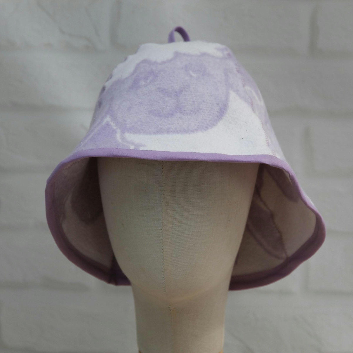 Lavender Sheep Print Wool Sauna Hat, Felted Banya Cap, Upcycled Blanket Protection