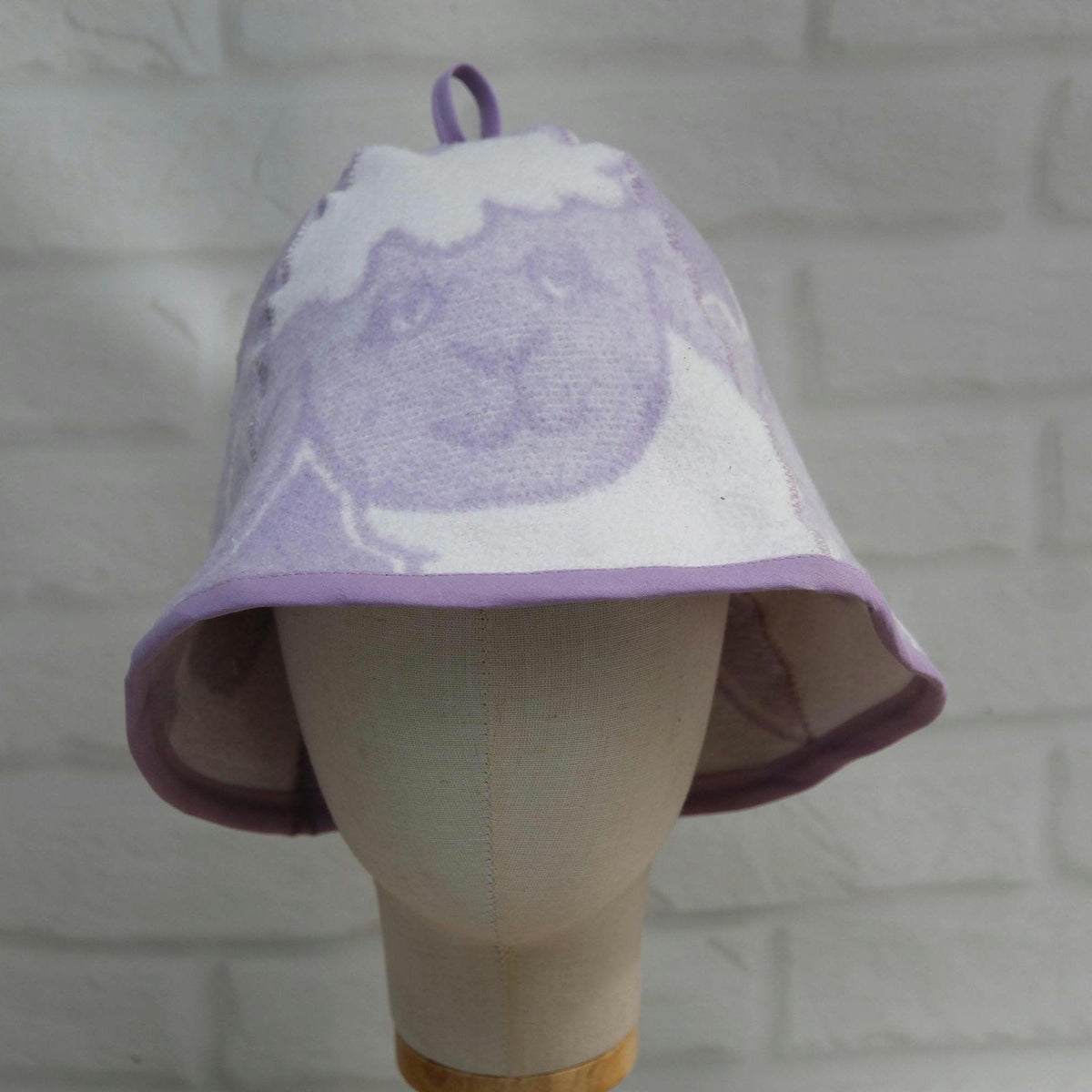 Lavender Sheep Print Wool Sauna Hat, Felted Banya Cap, Upcycled Blanket Protection