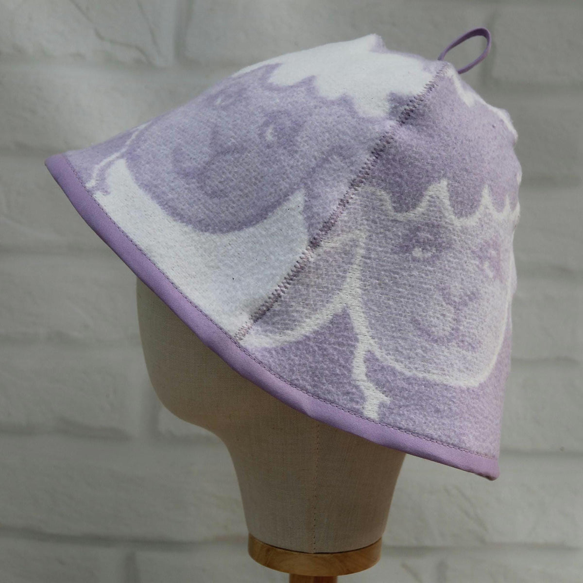 Lavender Sheep Print Wool Sauna Hat, Felted Banya Cap, Upcycled Blanket Protection