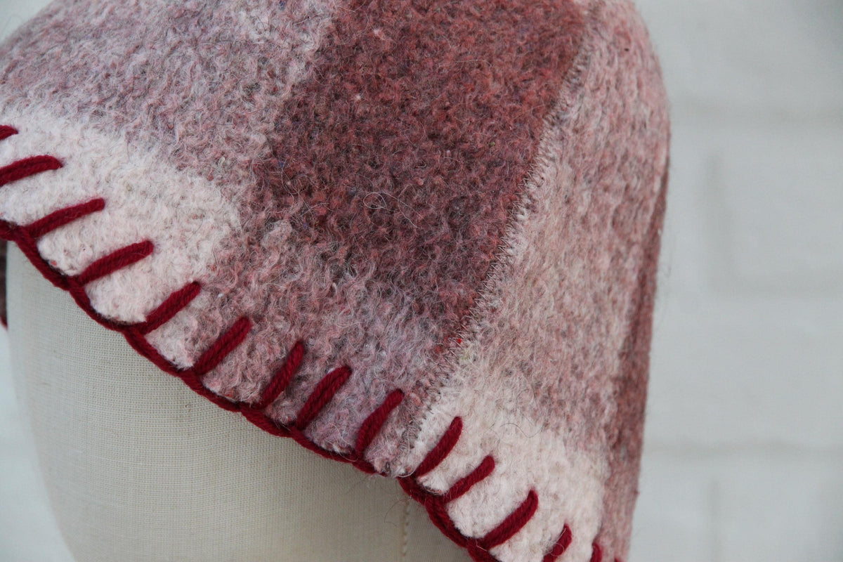 Upcycled Wool Sauna Hat – Burgundy Mauve Plaid Banya Spa Accessory with Loop