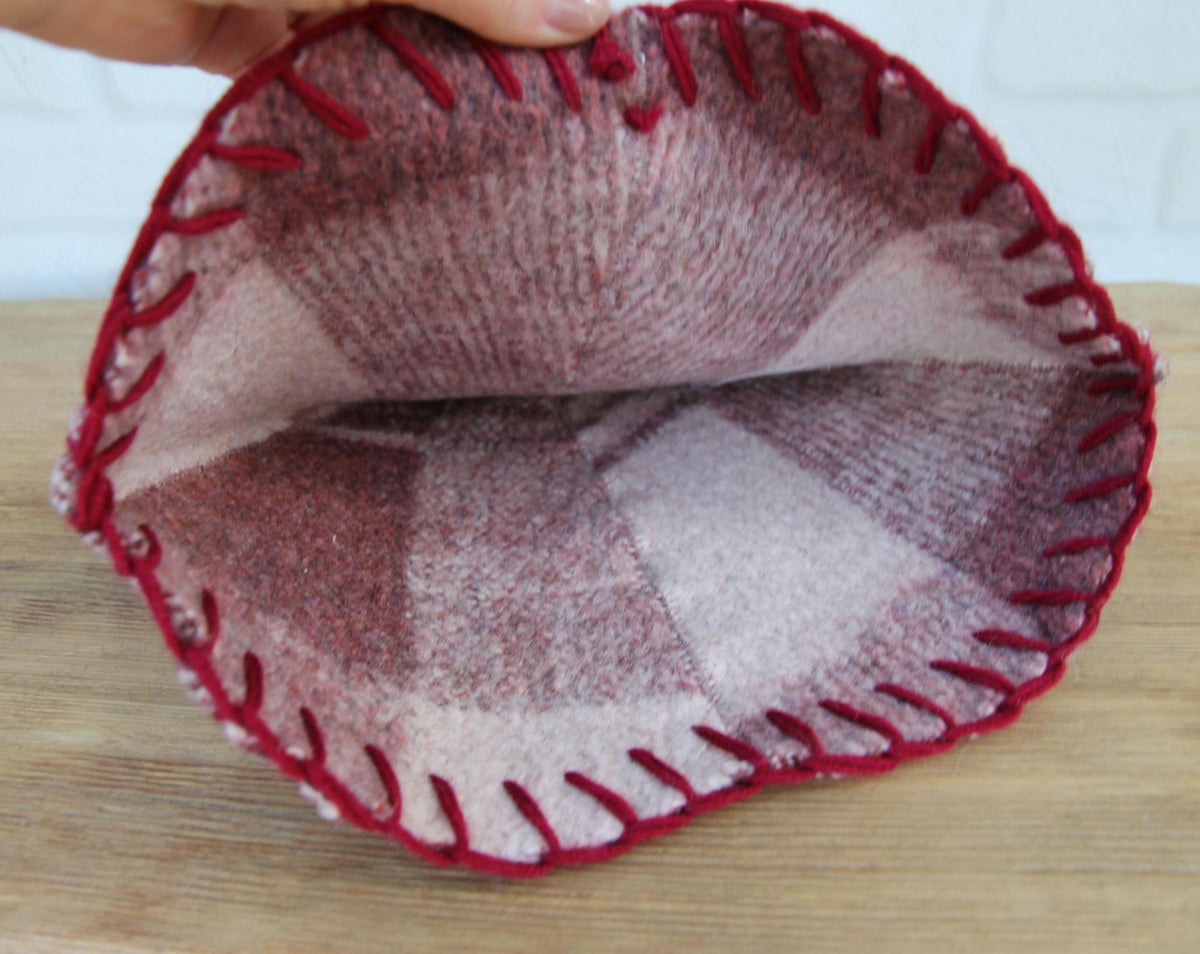 Upcycled Wool Sauna Hat – Burgundy Mauve Plaid Banya Spa Accessory with Loop