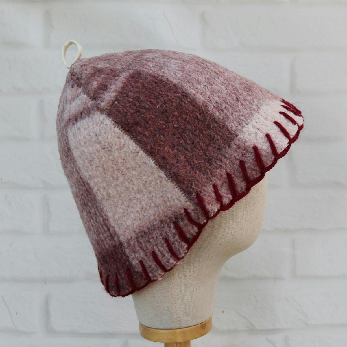 Upcycled Wool Sauna Hat – Burgundy Mauve Plaid Banya Spa Accessory with Loop