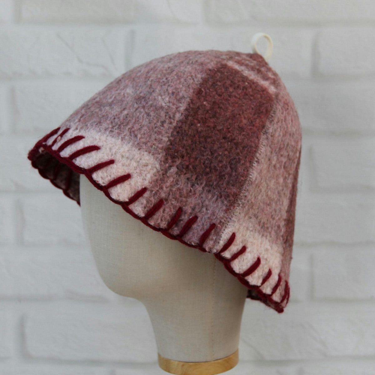 Upcycled Wool Sauna Hat – Burgundy Mauve Plaid Banya Spa Accessory with Loop