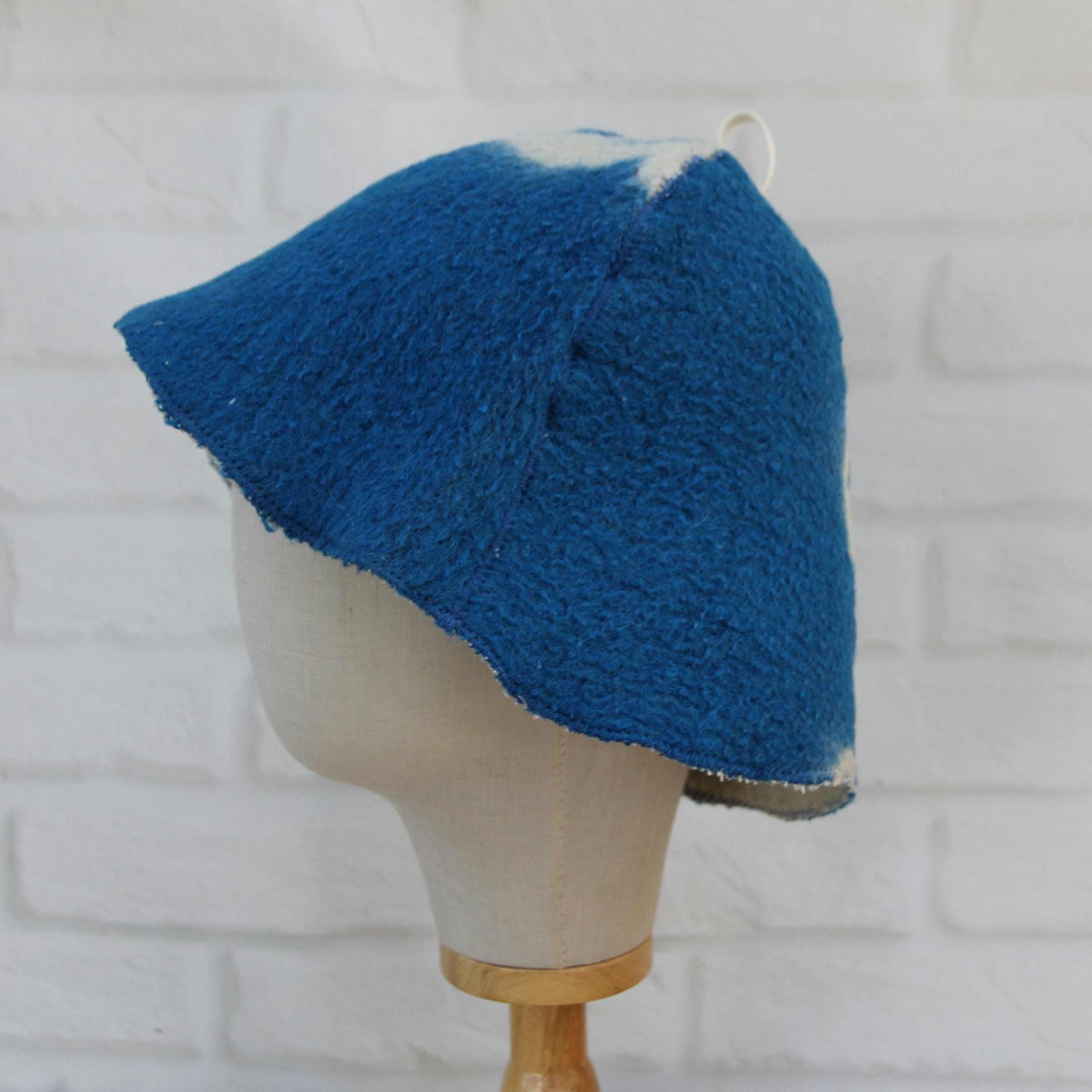 Upcycled Wool Sauna Hat – Blue White Banya Spa Accessory, Sustainable Handmade
