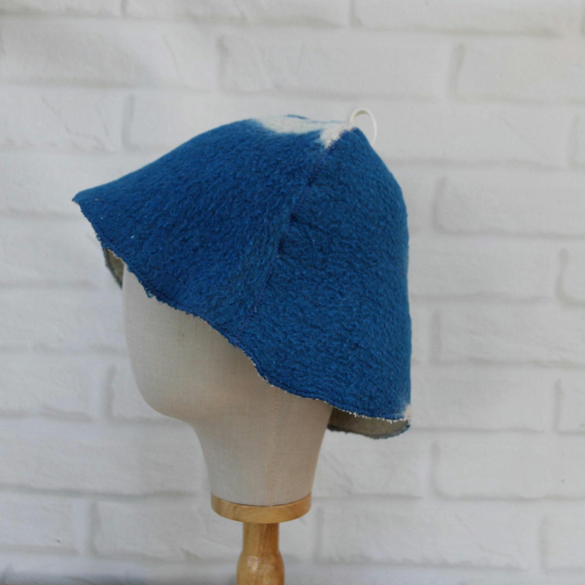 Upcycled Wool Sauna Hat – Blue White Banya Spa Accessory, Sustainable Handmade