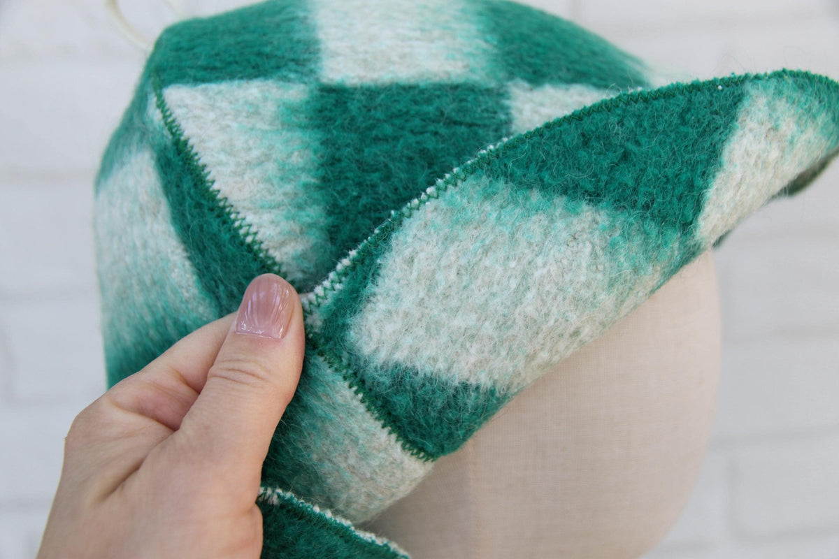 Upcycled Wool Sauna Hat – Green White Checkerboard Banya Spa Accessory