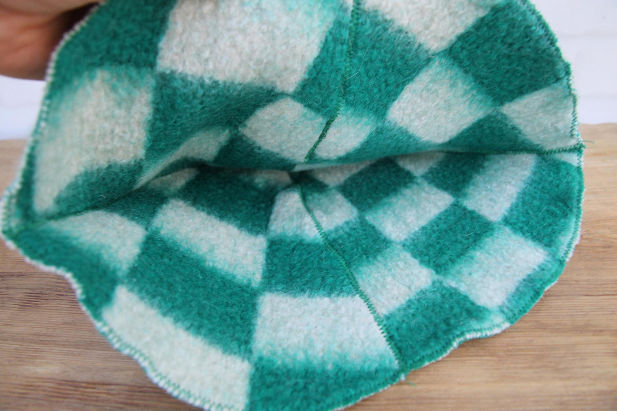Upcycled Wool Sauna Hat – Green White Checkerboard Banya Spa Accessory