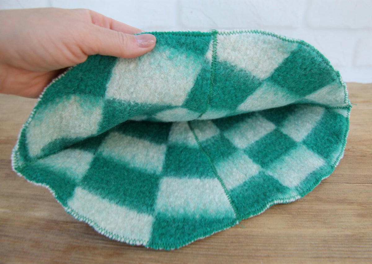 Upcycled Wool Sauna Hat – Green White Checkerboard Banya Spa Accessory