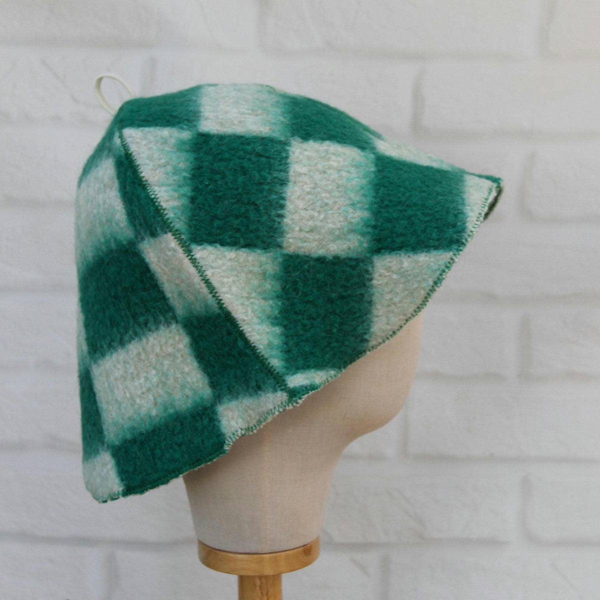 Upcycled Wool Sauna Hat – Green White Checkerboard Banya Spa Accessory