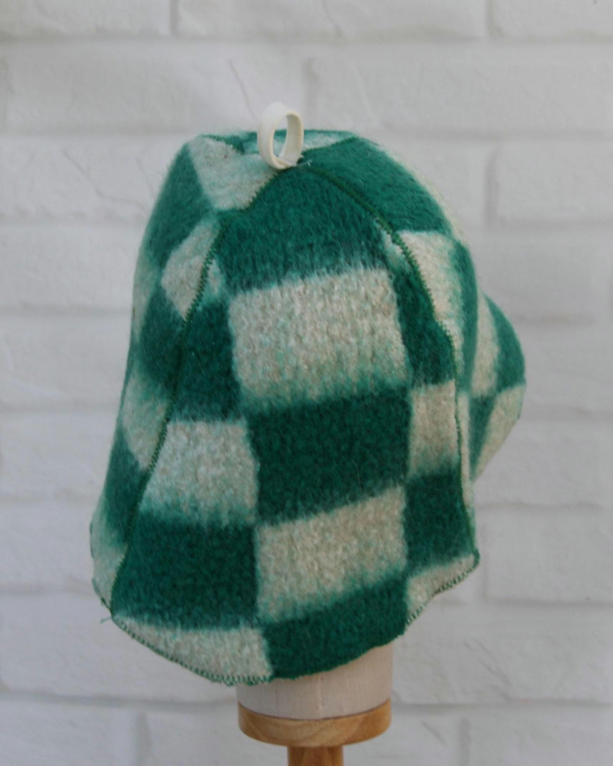 Upcycled Wool Sauna Hat – Green White Checkerboard Banya Spa Accessory