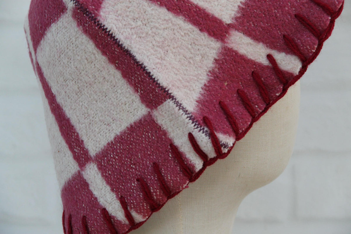 Handmade Upcycled Wool Sauna Hat – Burgundy Pink Plaid Banya Accessory