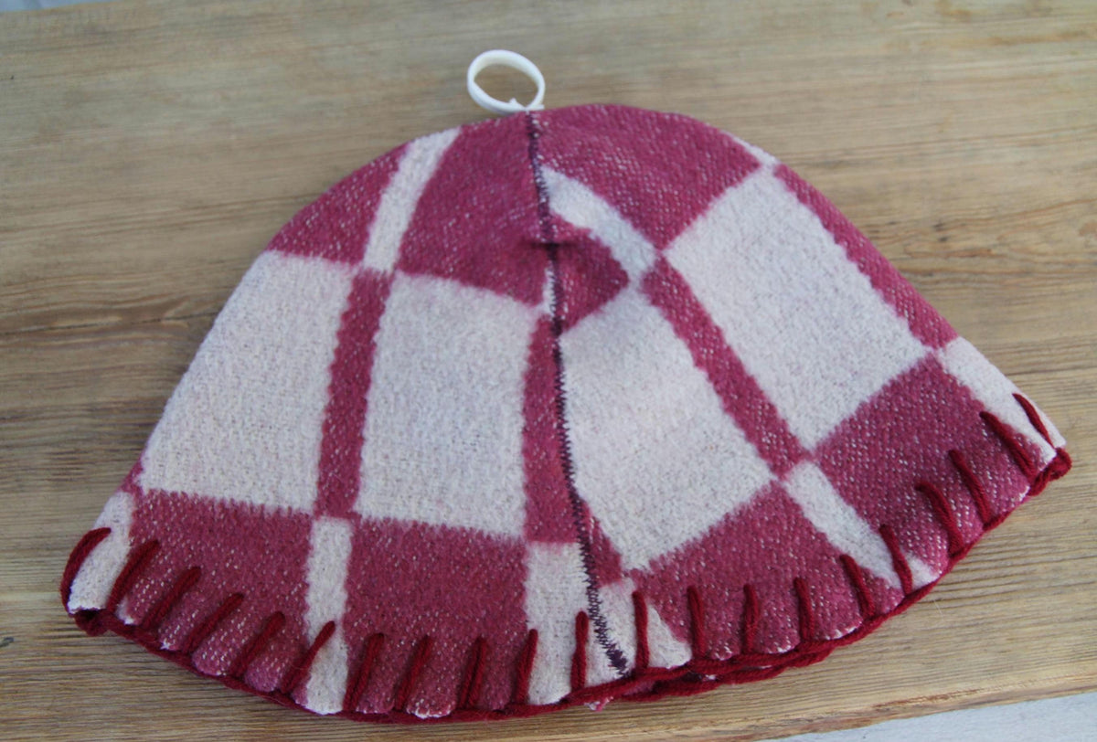 Handmade Upcycled Wool Sauna Hat – Burgundy Pink Plaid Banya Accessory