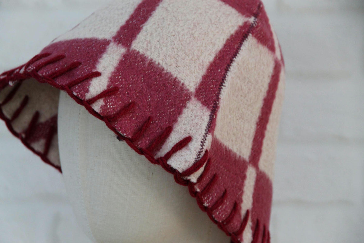 Handmade Upcycled Wool Sauna Hat – Burgundy Pink Plaid Banya Accessory