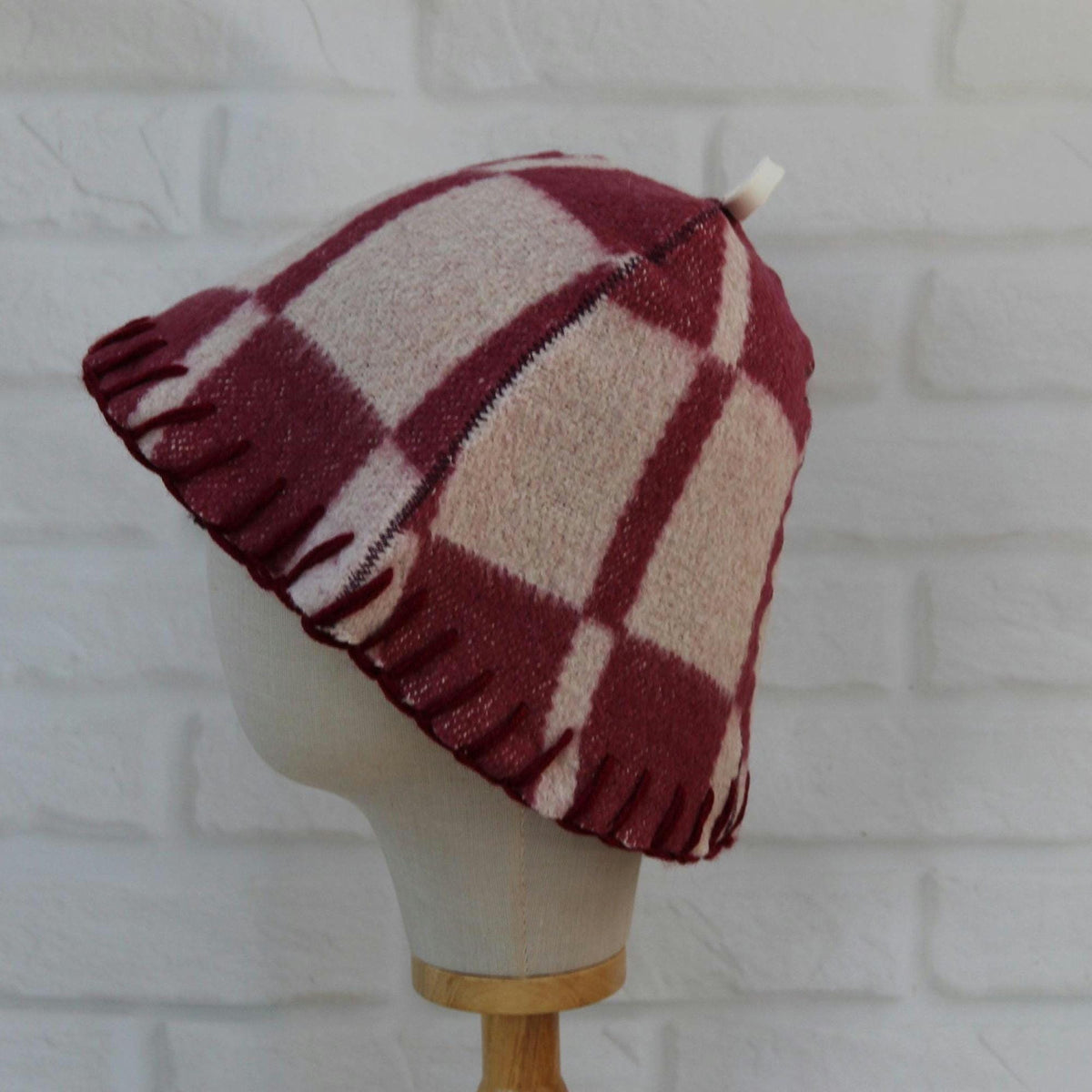 Handmade Upcycled Wool Sauna Hat – Burgundy Pink Plaid Banya Accessory