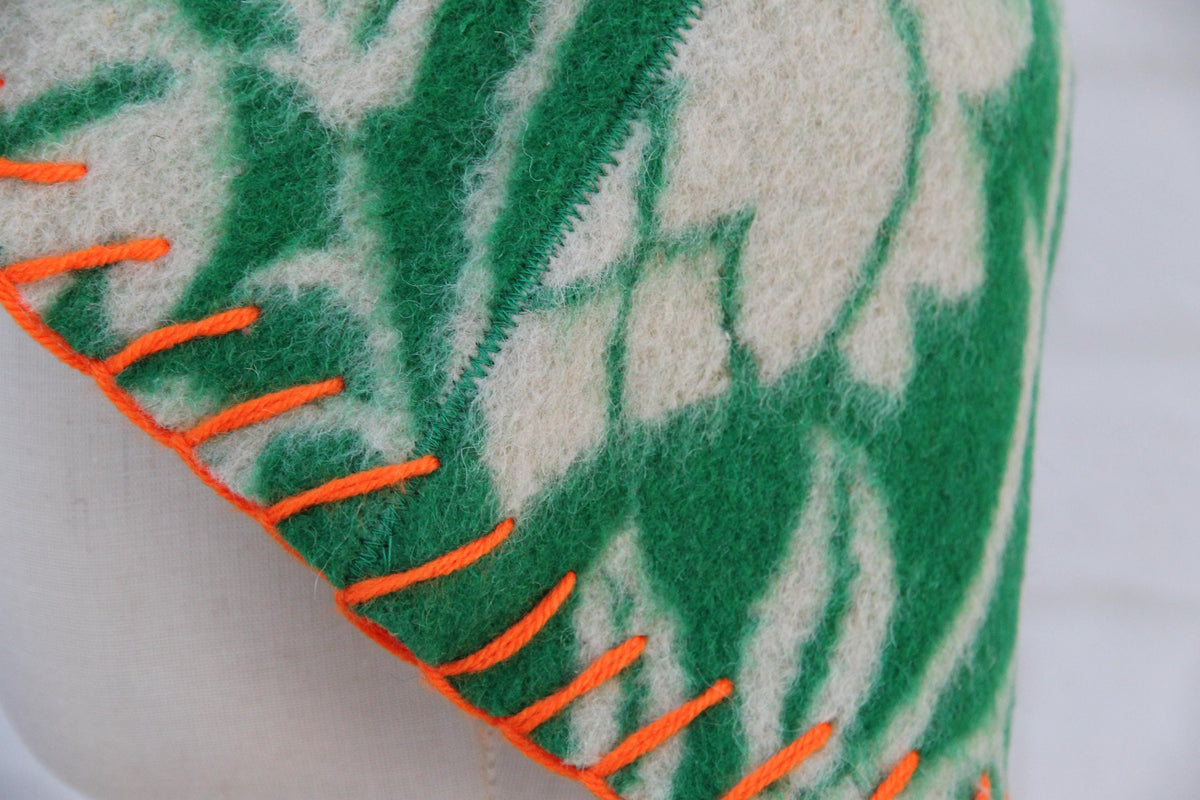 Upcycled Wool Sauna Hat – Green Floral Orange Whipstitch Banya Spa Accessory