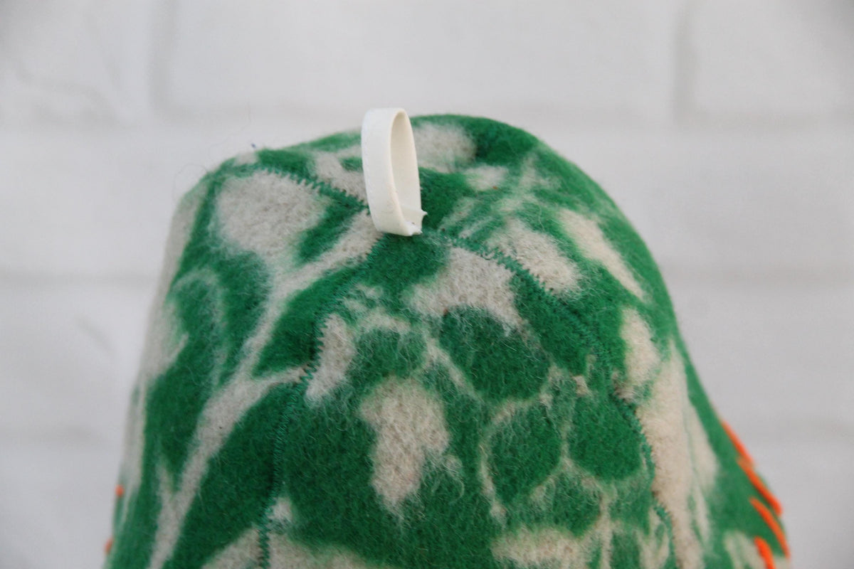 Upcycled Wool Sauna Hat – Green Floral Orange Whipstitch Banya Spa Accessory