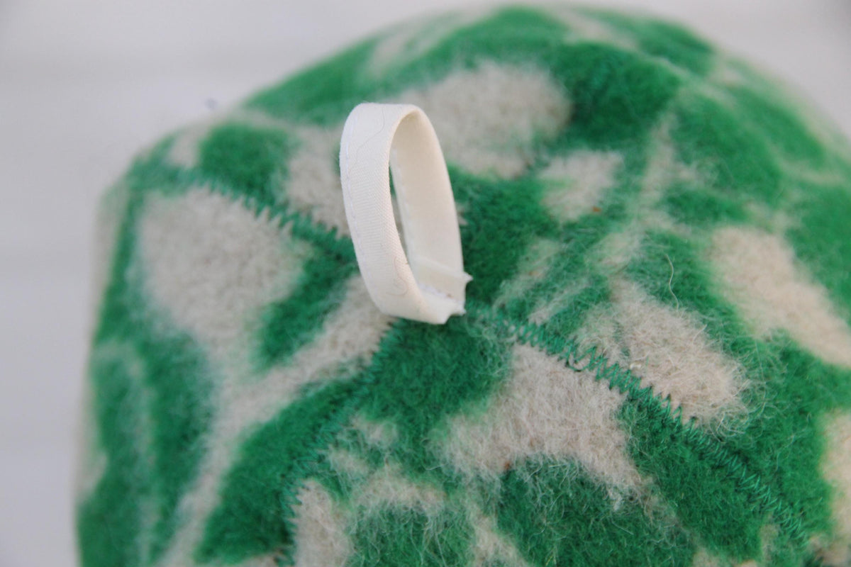 Upcycled Wool Sauna Hat – Green Floral Orange Whipstitch Banya Spa Accessory