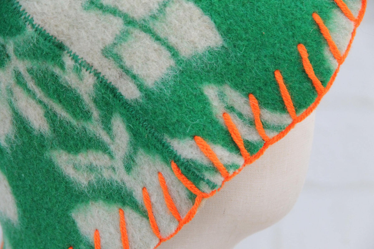 Upcycled Wool Sauna Hat – Green Floral Orange Whipstitch Banya Spa Accessory