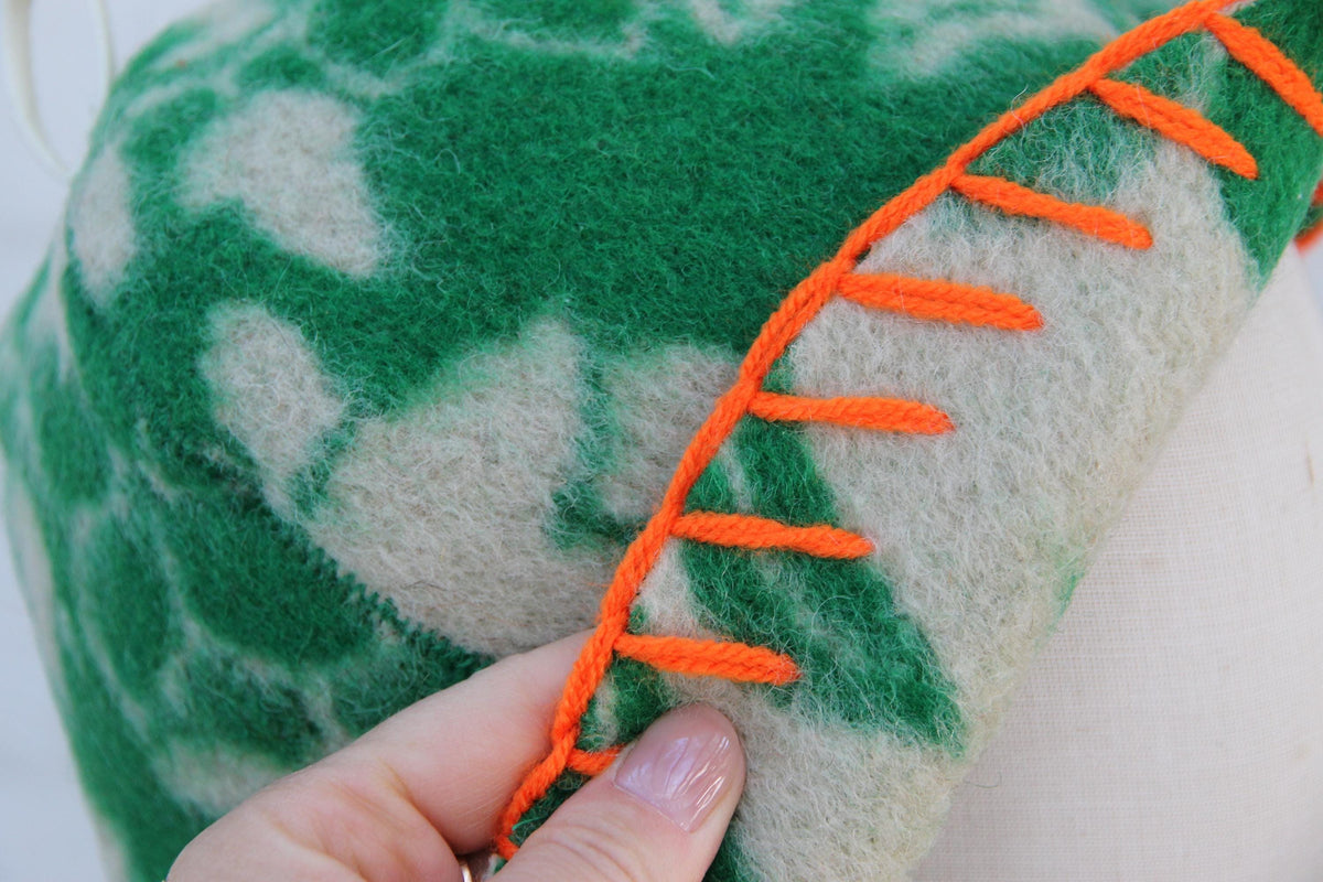 Upcycled Wool Sauna Hat – Green Floral Orange Whipstitch Banya Spa Accessory