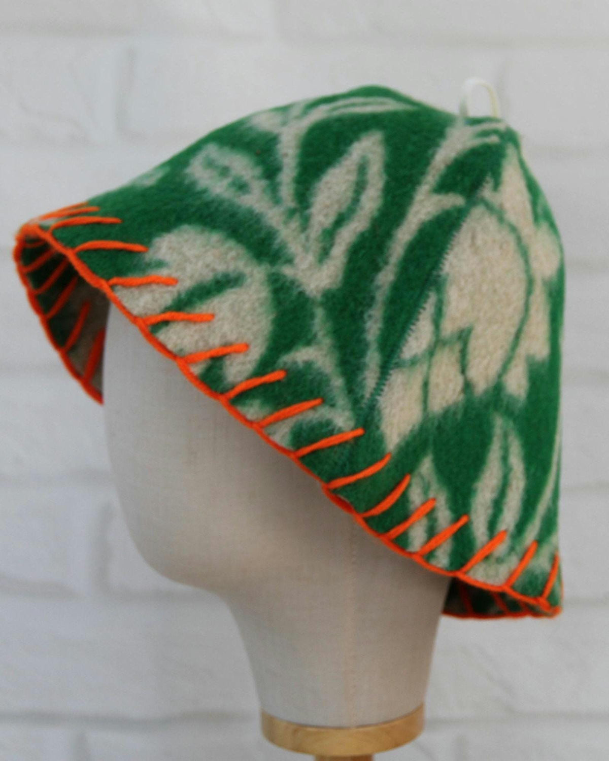 Upcycled Wool Sauna Hat – Green Floral Orange Whipstitch Banya Spa Accessory