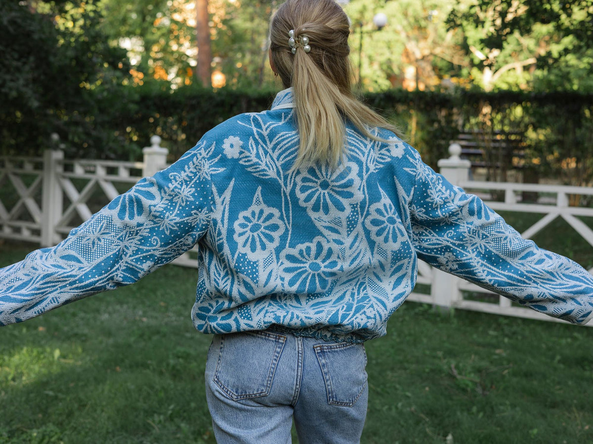 One-of-a-Kind Handmade Jacket from Vintage Blue Tapestry Blanket - Upcycled Boho Chic - Retro Floral Bomber