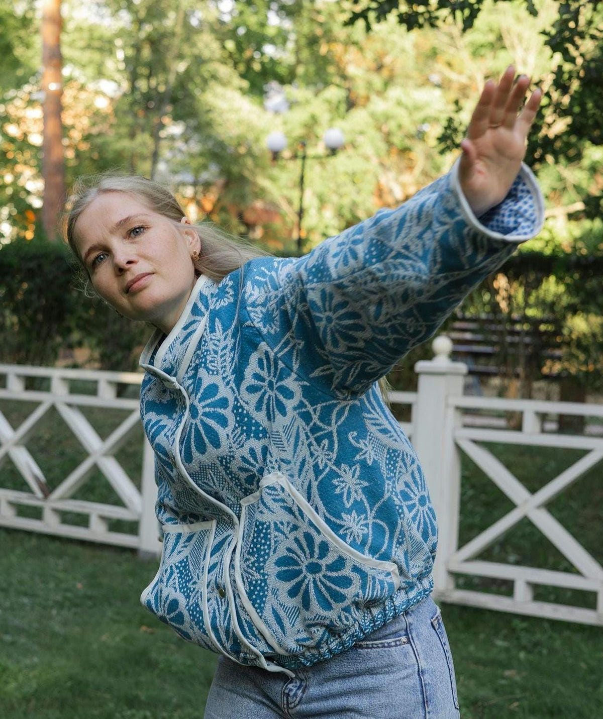 One-of-a-Kind Handmade Jacket from Vintage Blue Tapestry Blanket - Upcycled Boho Chic - Retro Floral Bomber