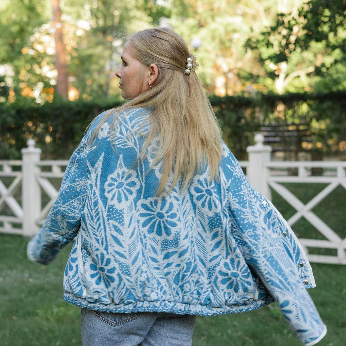 One-of-a-Kind Handmade Jacket from Vintage Blue Tapestry Blanket - Upcycled Boho Chic - Retro Floral Bomber