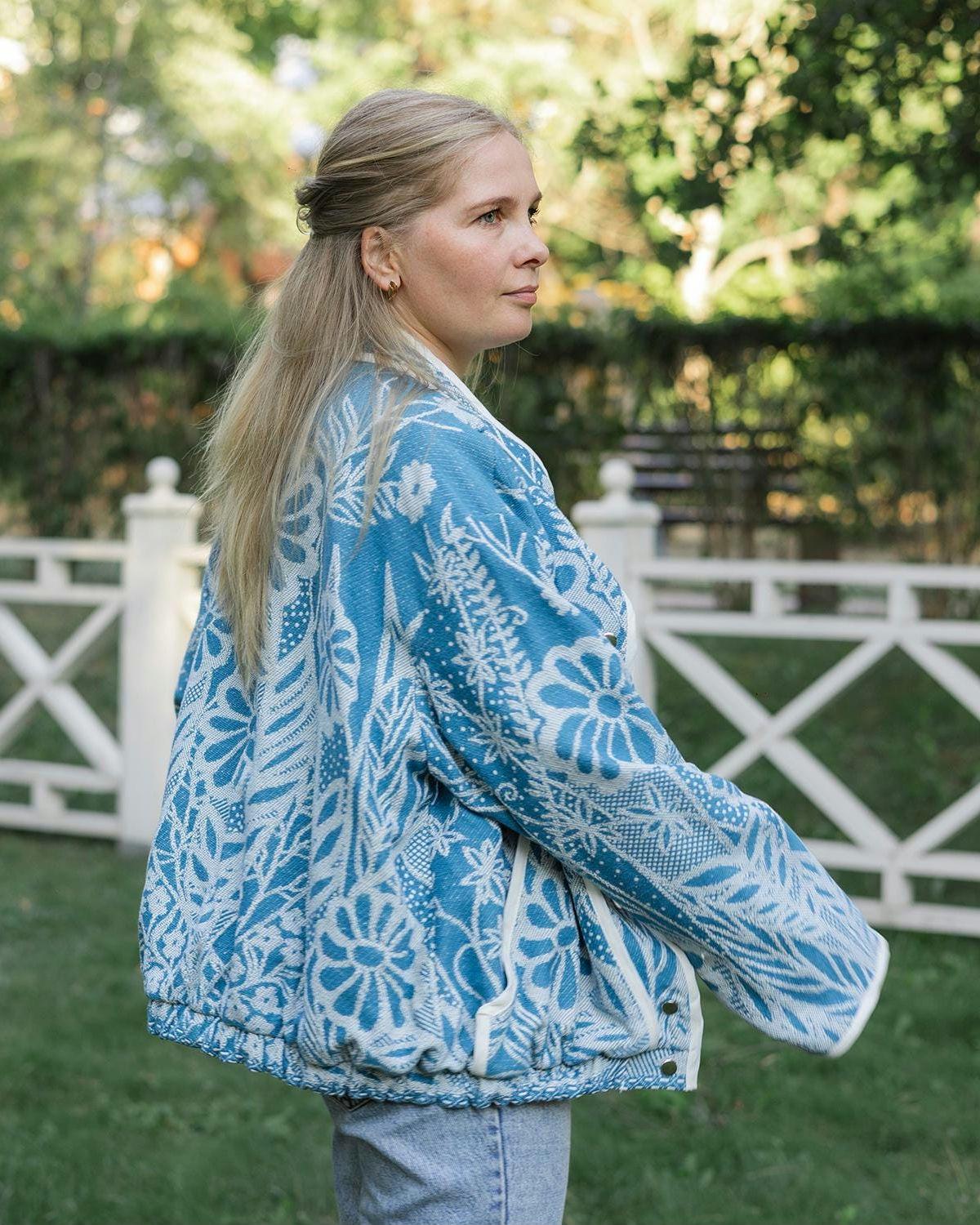 One-of-a-Kind Handmade Jacket from Vintage Blue Tapestry Blanket - Upcycled Boho Chic - Retro Floral Bomber