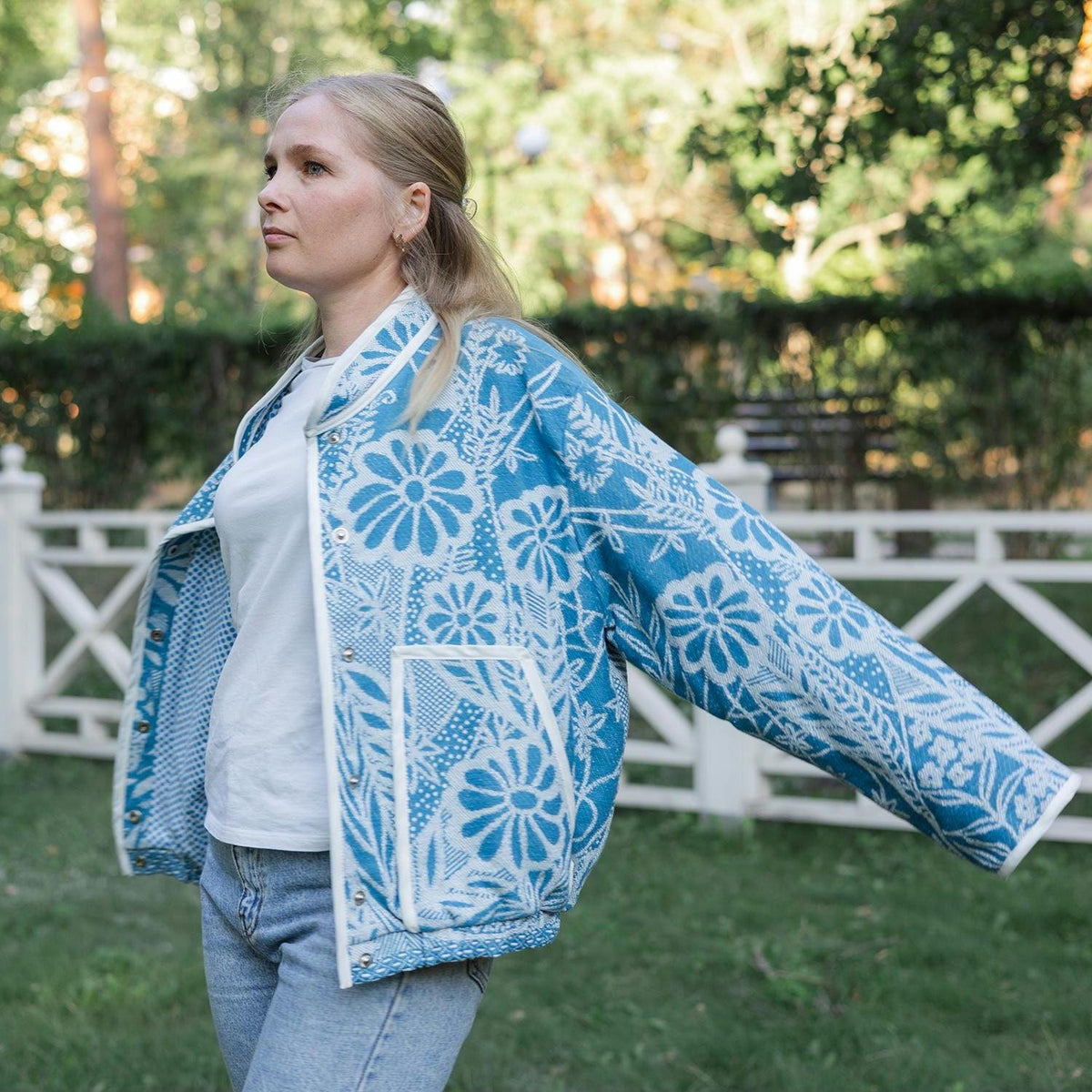 One-of-a-Kind Handmade Jacket from Vintage Blue Tapestry Blanket - Upcycled Boho Chic - Retro Floral Bomber
