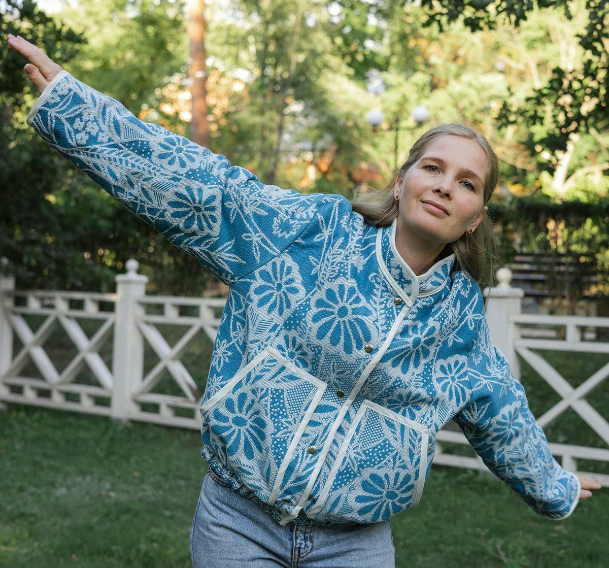One-of-a-Kind Handmade Jacket from Vintage Blue Tapestry Blanket - Upcycled Boho Chic - Retro Floral Bomber