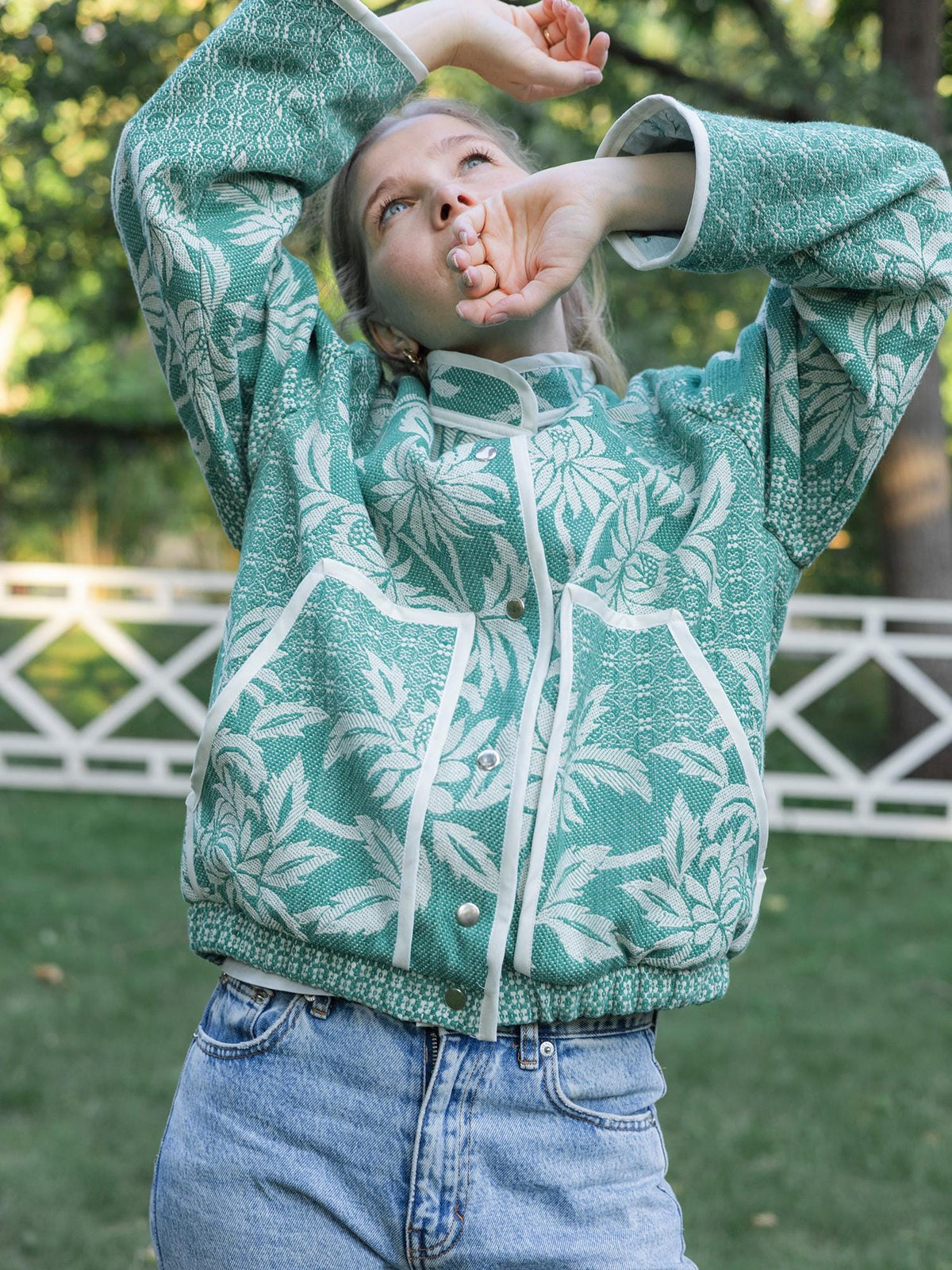 One-of-a-Kind Handmade Jacket from Vintage Green Tapestry Blanket - Upcycled Boho Chic - Retro Floral Bomber