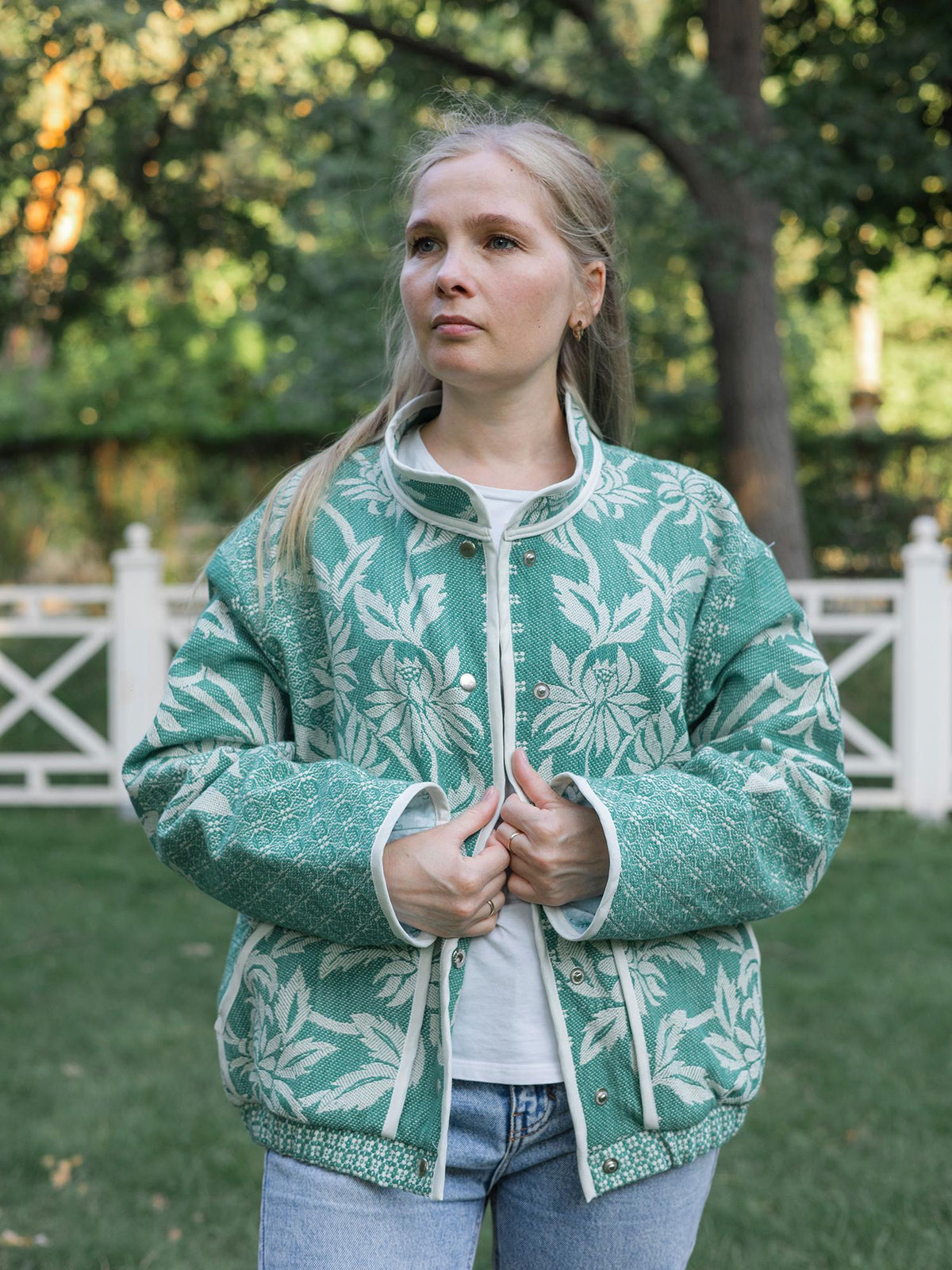 One-of-a-Kind Handmade Jacket from Vintage Green Tapestry Blanket - Upcycled Boho Chic - Retro Floral Bomber