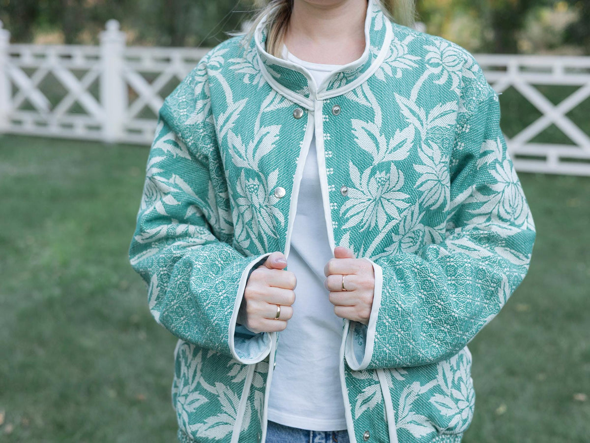 One-of-a-Kind Handmade Jacket from Vintage Green Tapestry Blanket - Upcycled Boho Chic - Retro Floral Bomber