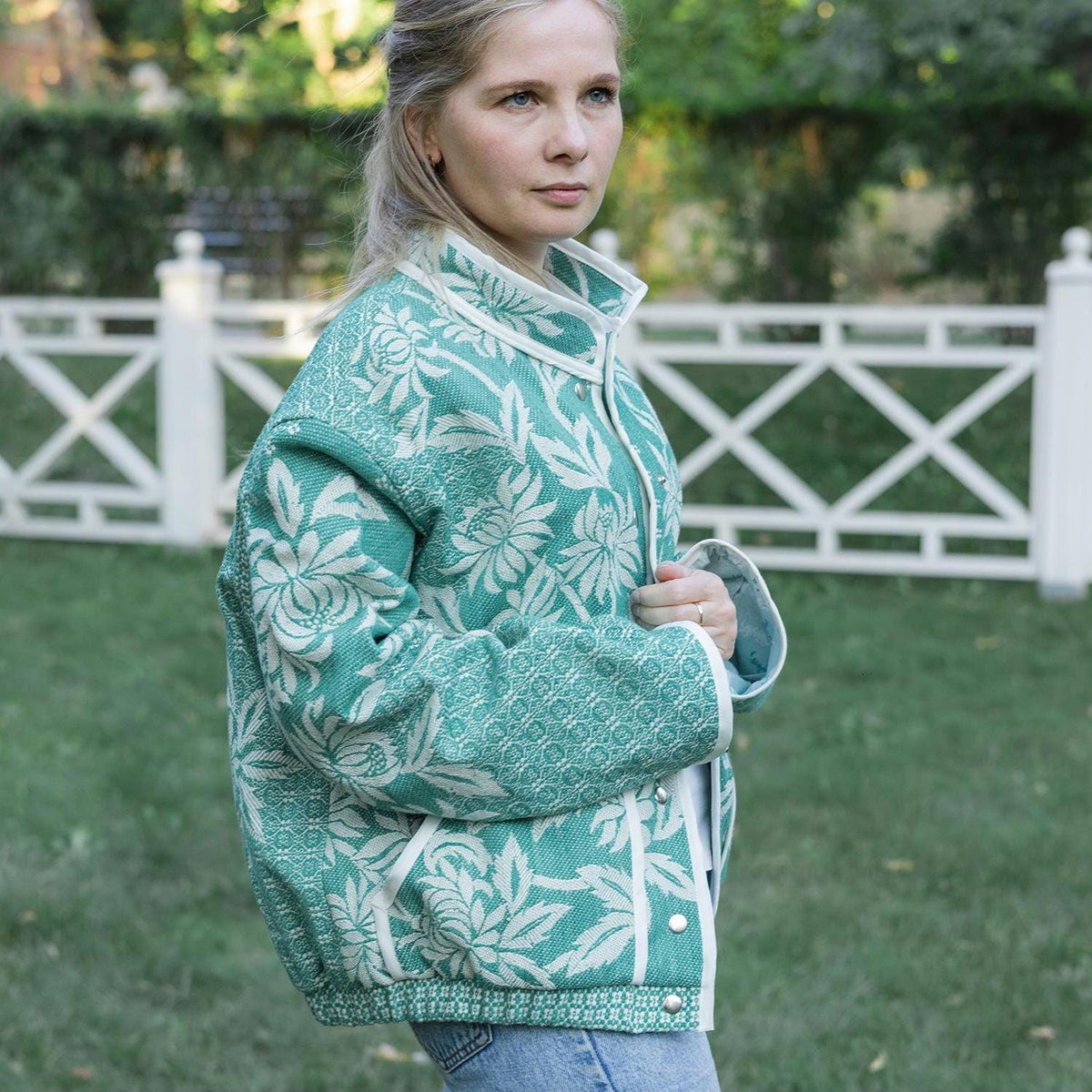 One-of-a-Kind Handmade Jacket from Vintage Green Tapestry Blanket - Upcycled Boho Chic - Retro Floral Bomber
