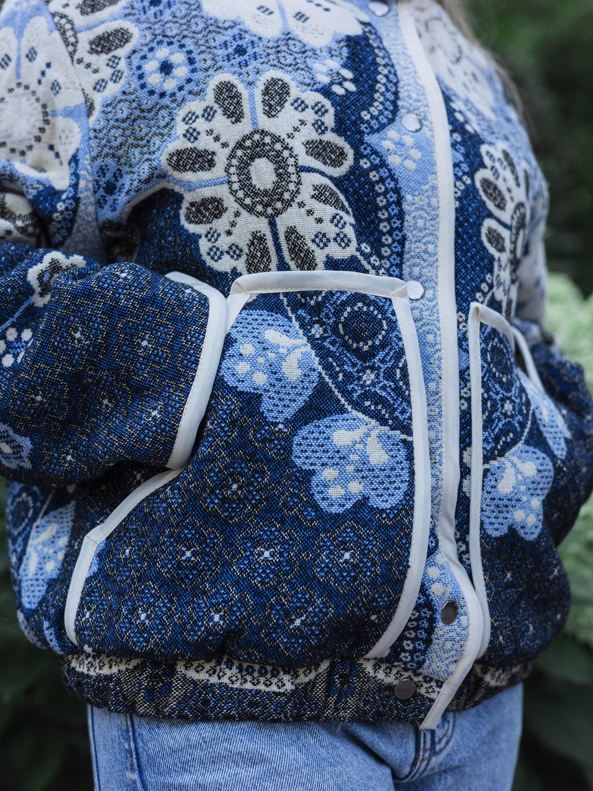 One-of-a-Kind Handmade Jacket from Vintage Tapestry Blanket - Upcycled Boho Chic - Blue Floral Retro Bomber